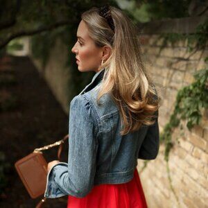 AS WORN MY MARY ORTON Michael Kors denim puff-sleeve cropped jacket Size 14